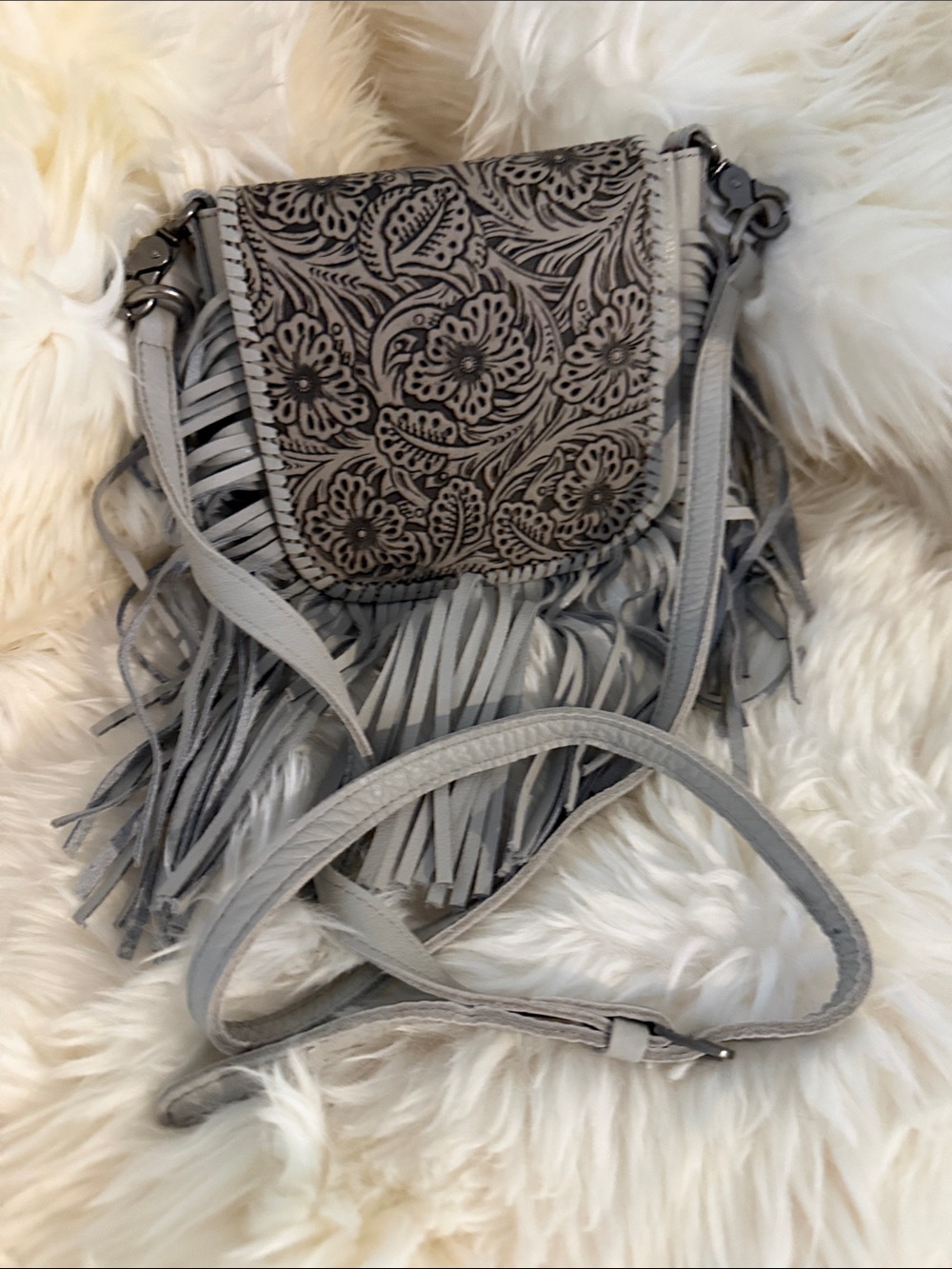 Montana West Grey Floral Tooled Fringe Crossbody